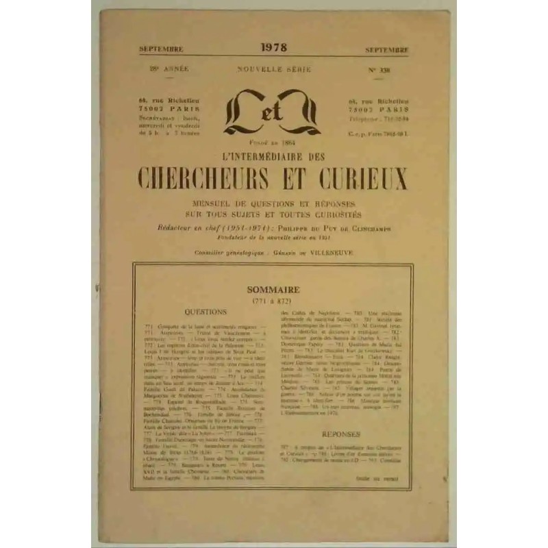 L’Intermédiaire des chercheurs et curieux, numéro 330 Septembre 1978