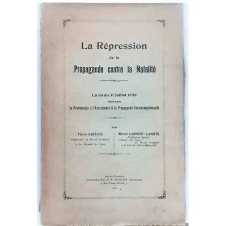 Couverture du livre rare de 1921 sur la répression de la propagande anticonceptionnelle en France